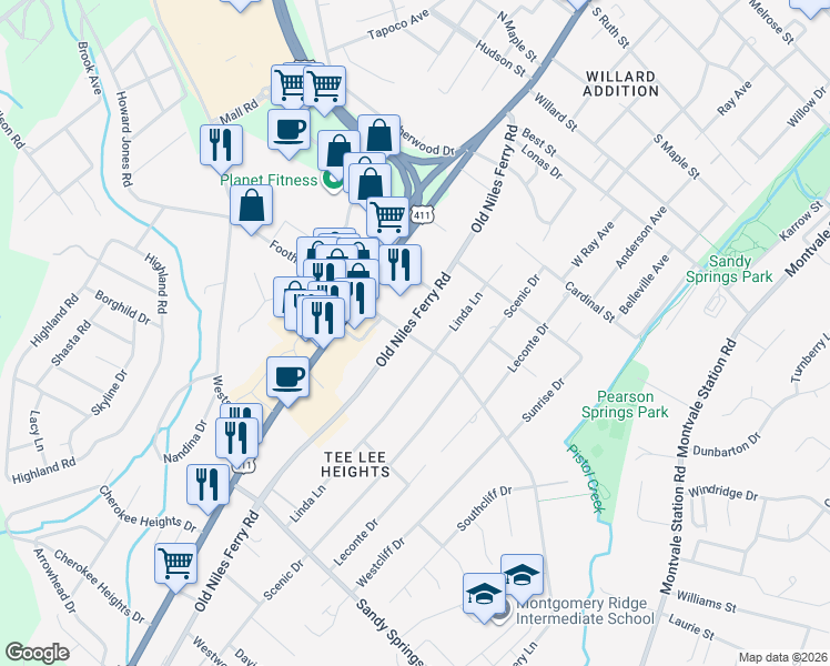 map of restaurants, bars, coffee shops, grocery stores, and more near 1628 Old Niles Ferry Road in Maryville