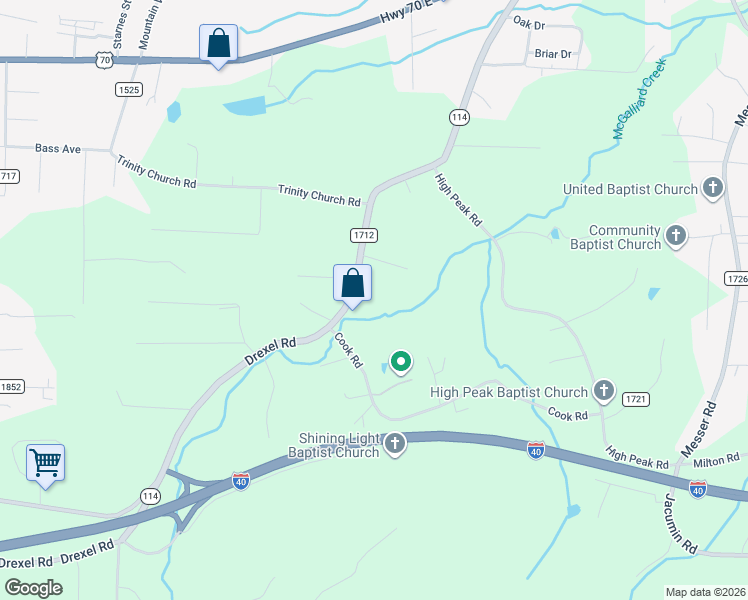 map of restaurants, bars, coffee shops, grocery stores, and more near 1492 Drexel Road in Valdese