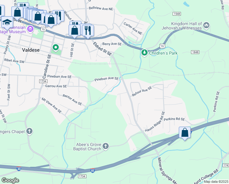 map of restaurants, bars, coffee shops, grocery stores, and more near 940 Douglas Avenue Southeast in Morganton