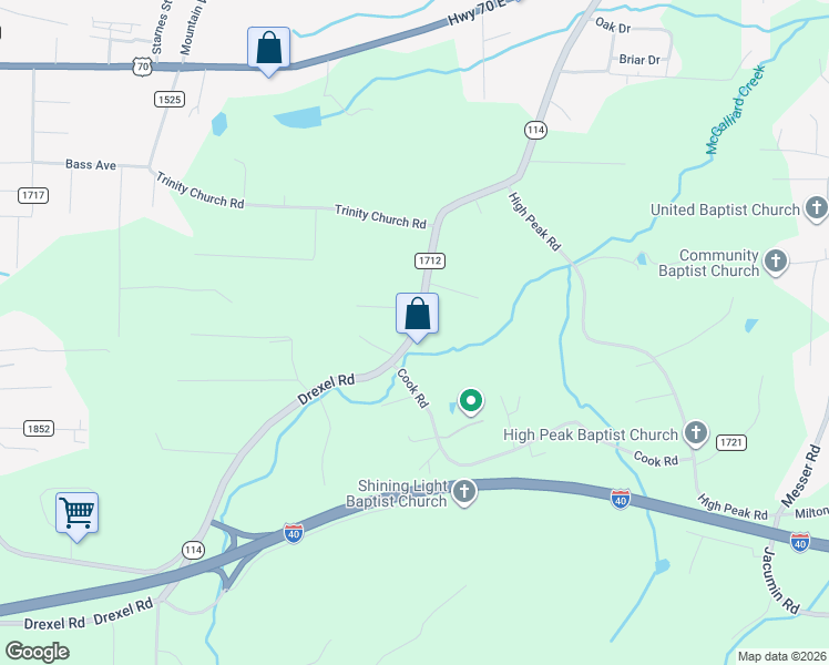 map of restaurants, bars, coffee shops, grocery stores, and more near 1492 Drexel Road in Valdese