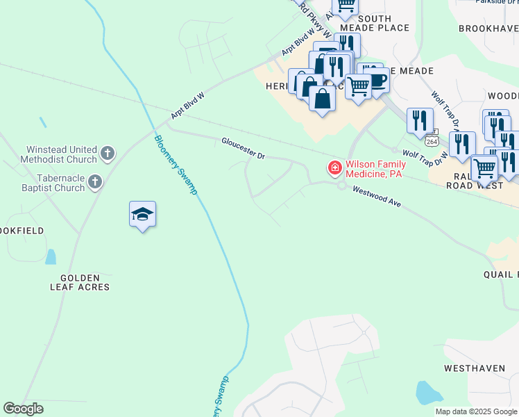 map of restaurants, bars, coffee shops, grocery stores, and more near 3837 Althorp Drive in Wilson