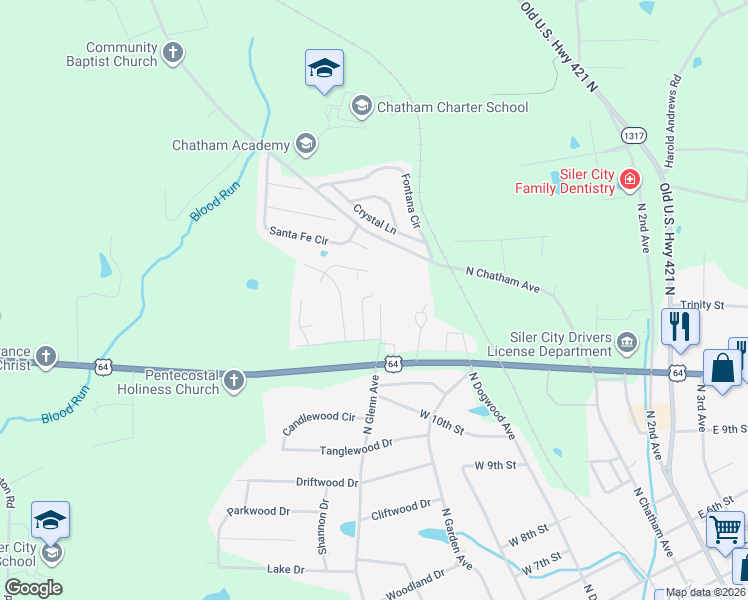 map of restaurants, bars, coffee shops, grocery stores, and more near 1318 Solo Dr in Siler City