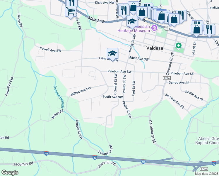 map of restaurants, bars, coffee shops, grocery stores, and more near 1008 Orchard St SW in Valdese