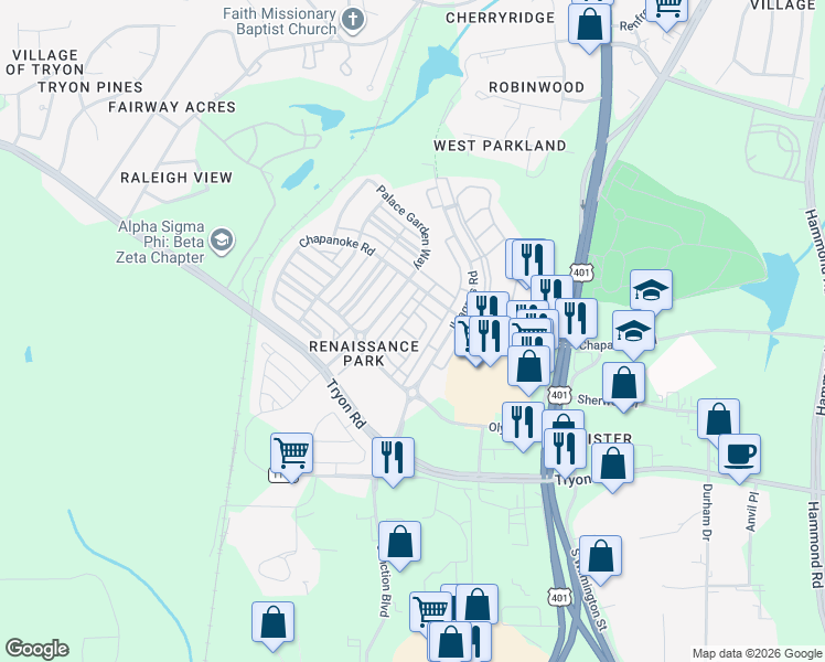 map of restaurants, bars, coffee shops, grocery stores, and more near 508 Dragby Lane in Raleigh