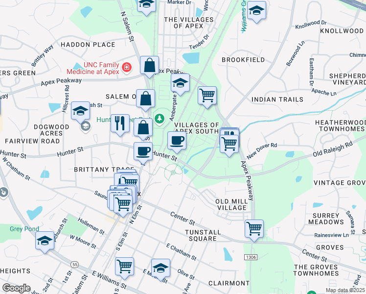 map of restaurants, bars, coffee shops, grocery stores, and more near 541 Grand Central Station in Apex