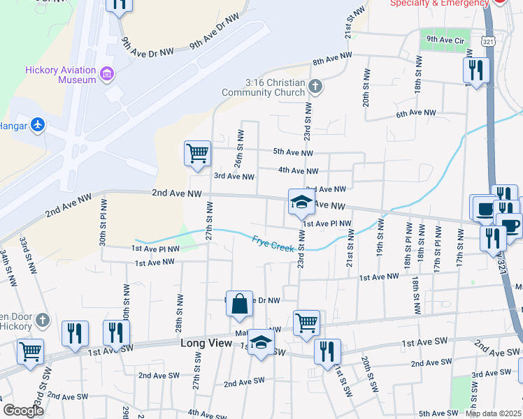 map of restaurants, bars, coffee shops, grocery stores, and more near 195 25th Street Northwest in Hickory