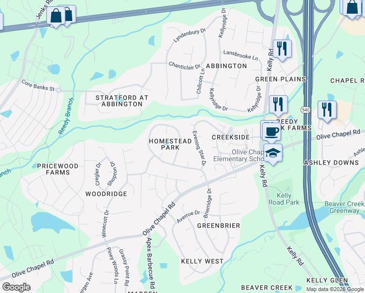 map of restaurants, bars, coffee shops, grocery stores, and more near 930 Homestead Park Drive in Apex