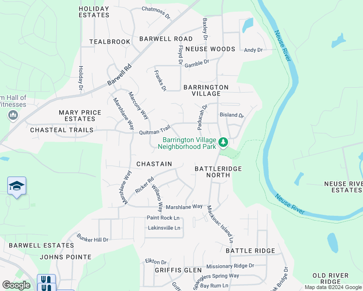 map of restaurants, bars, coffee shops, grocery stores, and more near 5917 Rivercliff Court in Raleigh