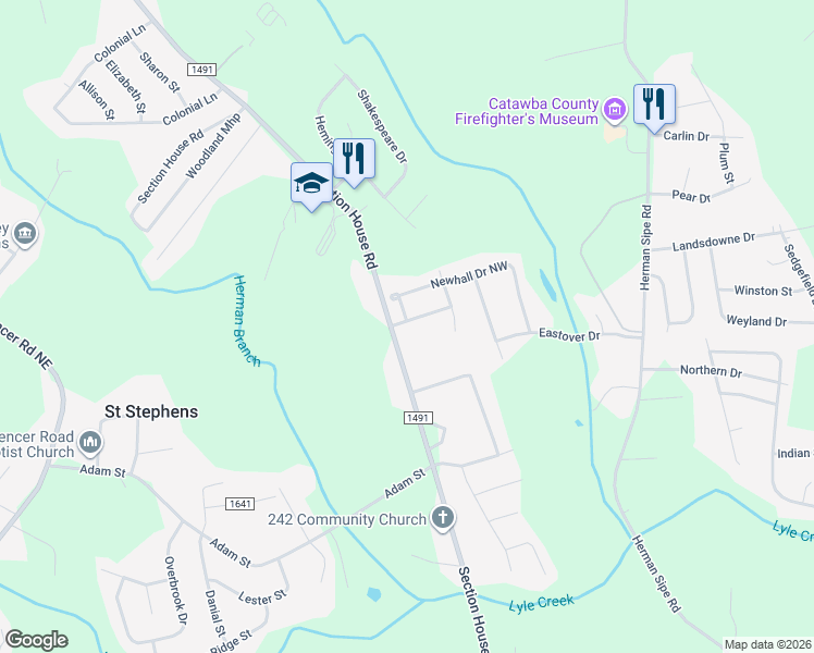 map of restaurants, bars, coffee shops, grocery stores, and more near 1615 Oak Leaf Drive Northwest in Hickory