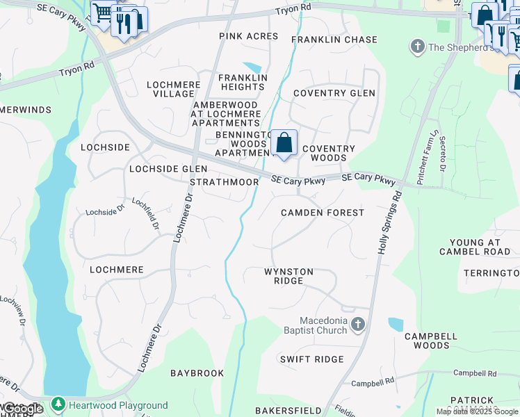 map of restaurants, bars, coffee shops, grocery stores, and more near 112 Large Oaks Drive in Cary