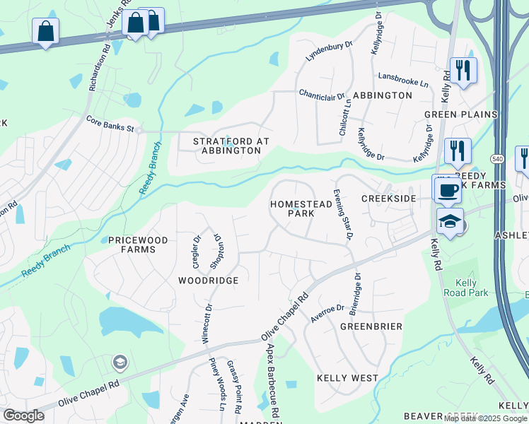 map of restaurants, bars, coffee shops, grocery stores, and more near 710 Homestead Park Drive in Apex