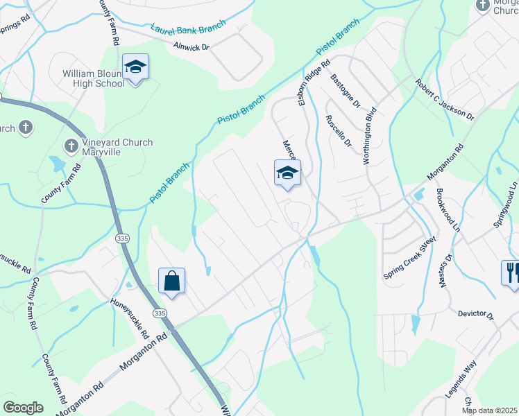 map of restaurants, bars, coffee shops, grocery stores, and more near 1011 Level Drive in Maryville