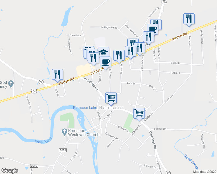 map of restaurants, bars, coffee shops, grocery stores, and more near 712 Liberty Street in Ramseur