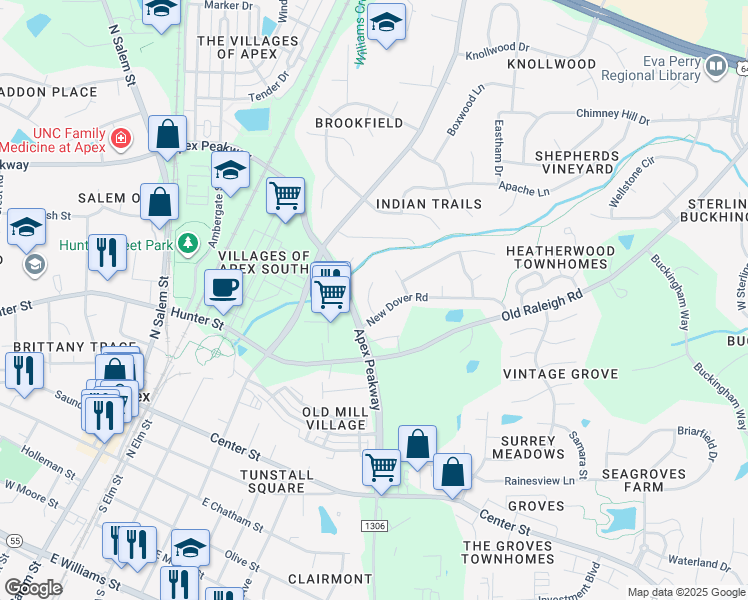 map of restaurants, bars, coffee shops, grocery stores, and more near 1006 New Chester Court in Apex