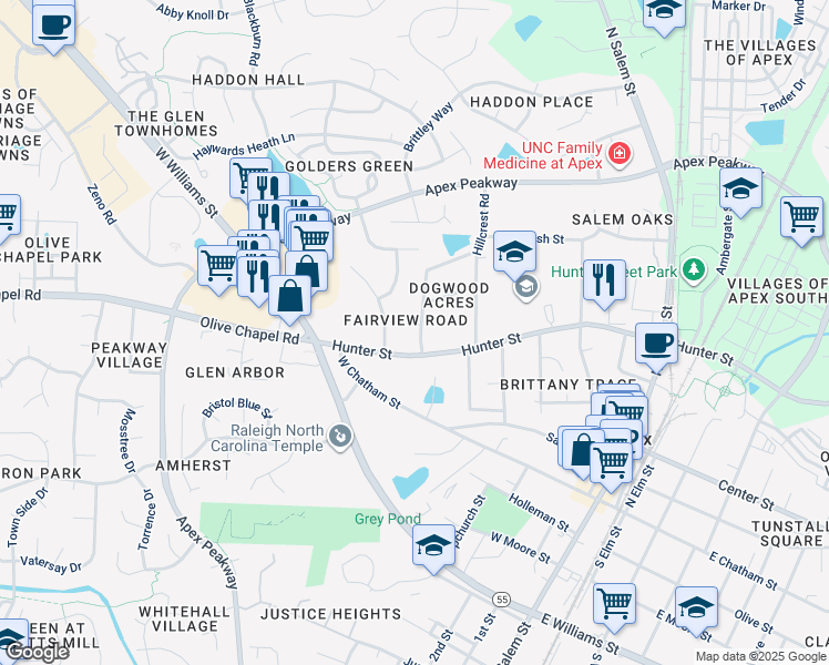 map of restaurants, bars, coffee shops, grocery stores, and more near 405 Fairview Road in Apex