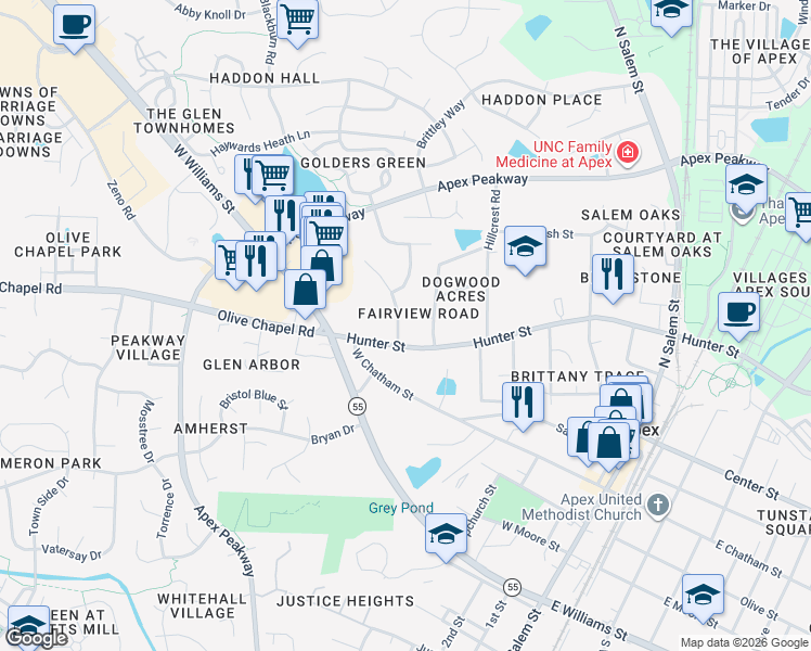 map of restaurants, bars, coffee shops, grocery stores, and more near 402 Gablefield Lane in Apex