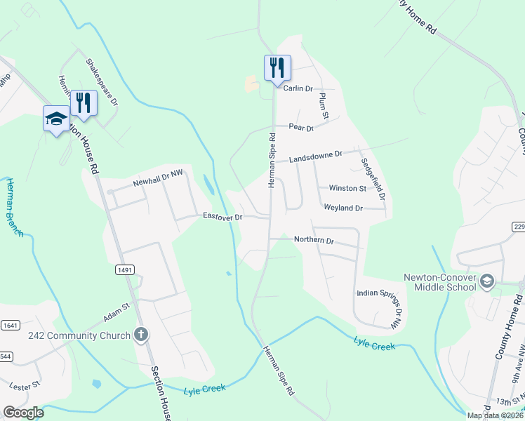 map of restaurants, bars, coffee shops, grocery stores, and more near 1402 Old Boxwood Circle in Conover
