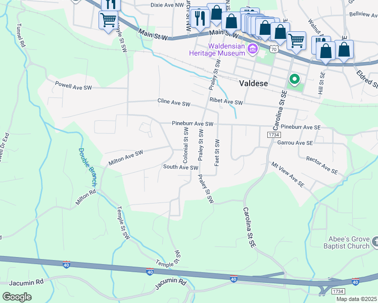 map of restaurants, bars, coffee shops, grocery stores, and more near 1001 Colonial Street Southwest in Valdese