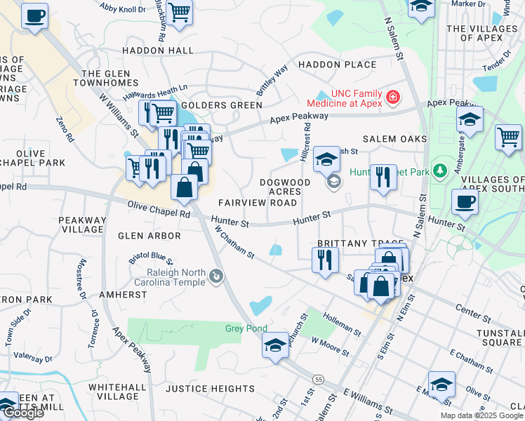 map of restaurants, bars, coffee shops, grocery stores, and more near 405 Fairview Road in Apex