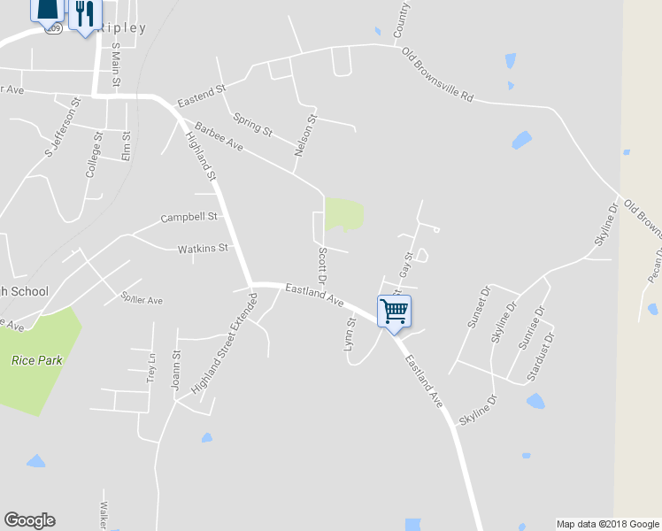 map of restaurants, bars, coffee shops, grocery stores, and more near 259 Scott Drive in Ripley