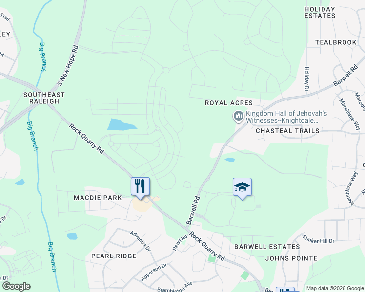 map of restaurants, bars, coffee shops, grocery stores, and more near 5325 Rock Quarry Road in Raleigh