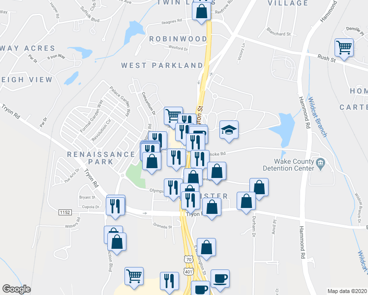 map of restaurants, bars, coffee shops, grocery stores, and more near 3224 South Wilmington Street in Raleigh