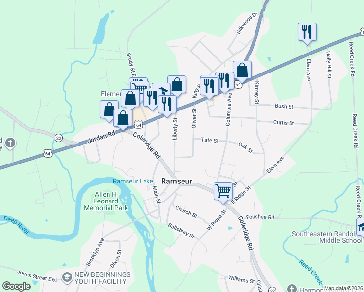 map of restaurants, bars, coffee shops, grocery stores, and more near 618 Oliver Street in Ramseur