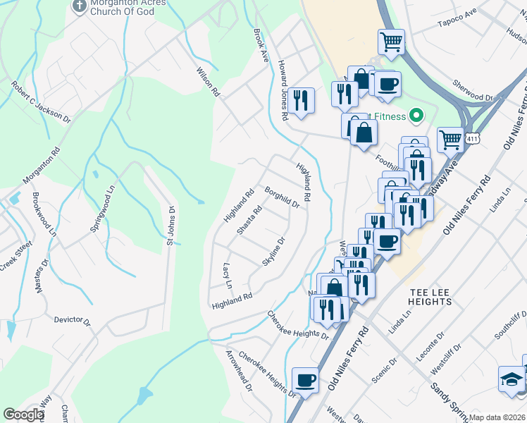map of restaurants, bars, coffee shops, grocery stores, and more near 416 Daybreak Drive in Maryville