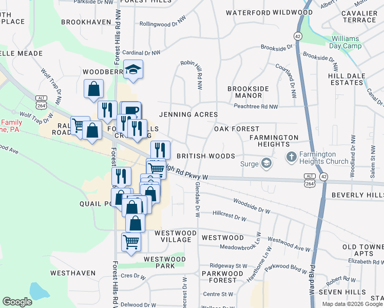 map of restaurants, bars, coffee shops, grocery stores, and more near 902 Treemont Road Northwest in Wilson