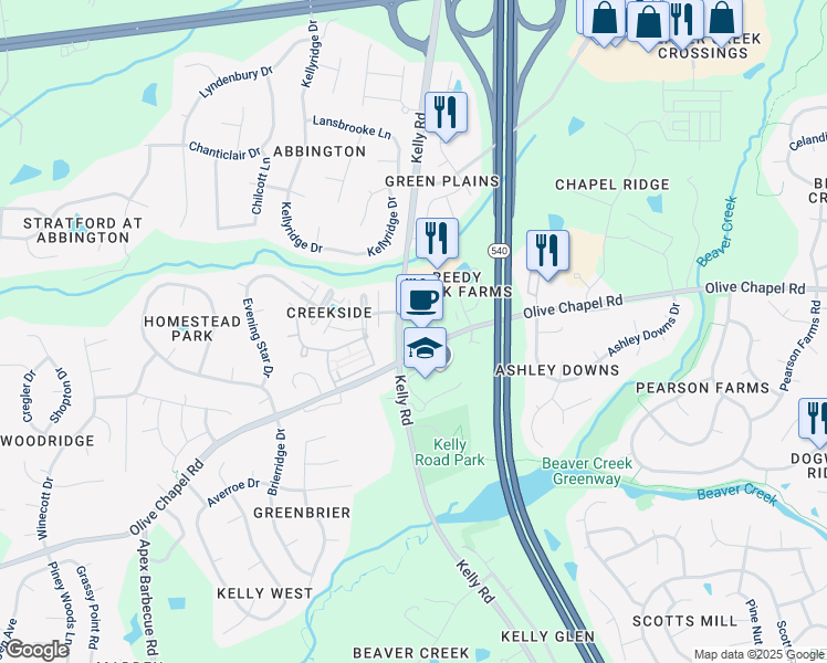 map of restaurants, bars, coffee shops, grocery stores, and more near 1489 Kelly Road in Apex