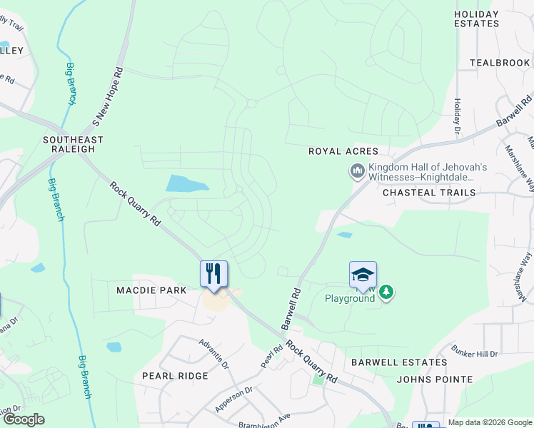map of restaurants, bars, coffee shops, grocery stores, and more near 5325 Rock Quarry Road in Raleigh