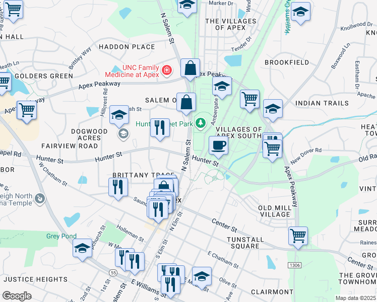 map of restaurants, bars, coffee shops, grocery stores, and more near 604 North Salem Street in Apex