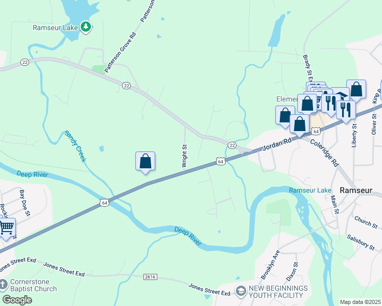 map of restaurants, bars, coffee shops, grocery stores, and more near 1 Elizabeth Street in Ramseur