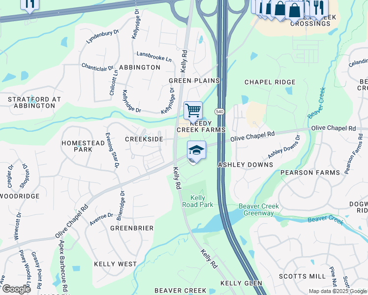 map of restaurants, bars, coffee shops, grocery stores, and more near 1489 Kelly Road in Apex