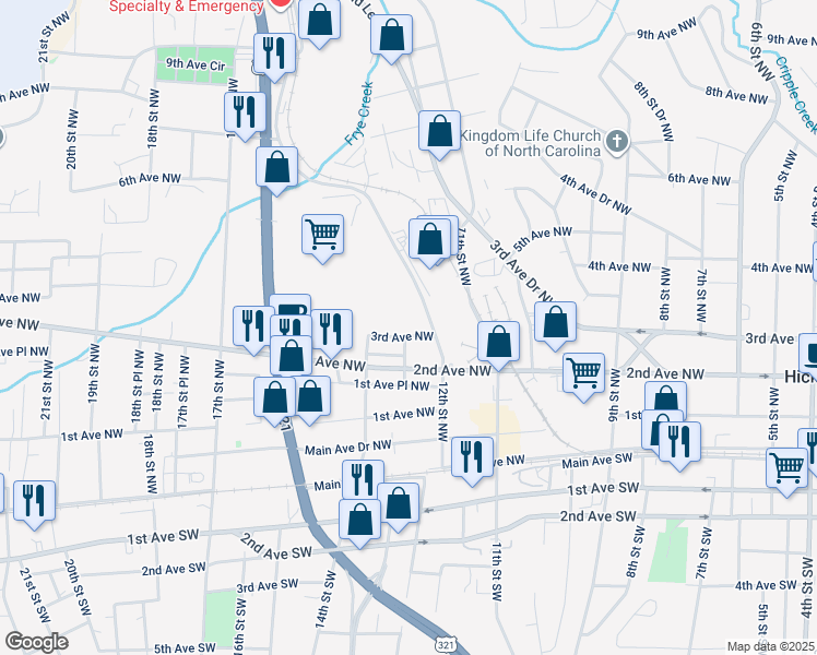 map of restaurants, bars, coffee shops, grocery stores, and more near 1230 3rd Avenue Northwest in Hickory