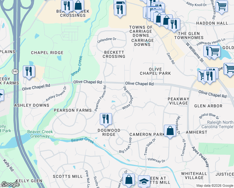 map of restaurants, bars, coffee shops, grocery stores, and more near 1008 Purple Glory Drive in Apex