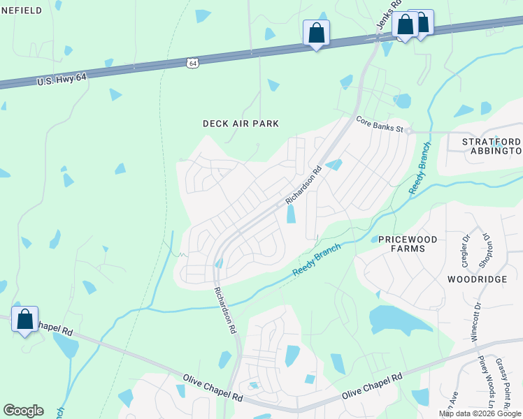 map of restaurants, bars, coffee shops, grocery stores, and more near Richardson Road in Apex