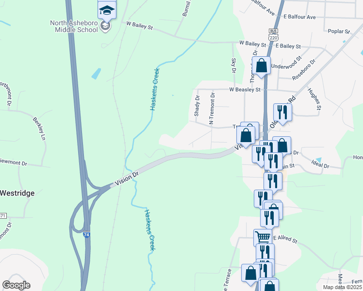 map of restaurants, bars, coffee shops, grocery stores, and more near 400 Vision Drive in Asheboro