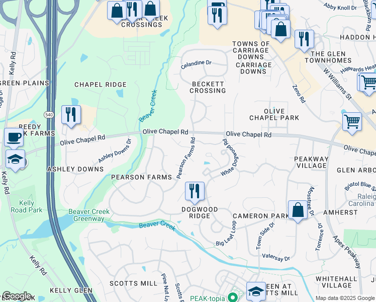 map of restaurants, bars, coffee shops, grocery stores, and more near 1009 Pearson Farms Road in Apex