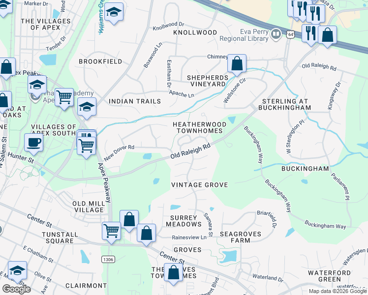 map of restaurants, bars, coffee shops, grocery stores, and more near 123 Heatherwood Drive in Apex