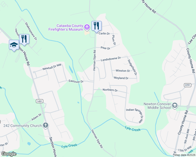 map of restaurants, bars, coffee shops, grocery stores, and more near 1802 Ranchland Drive Northwest in Conover