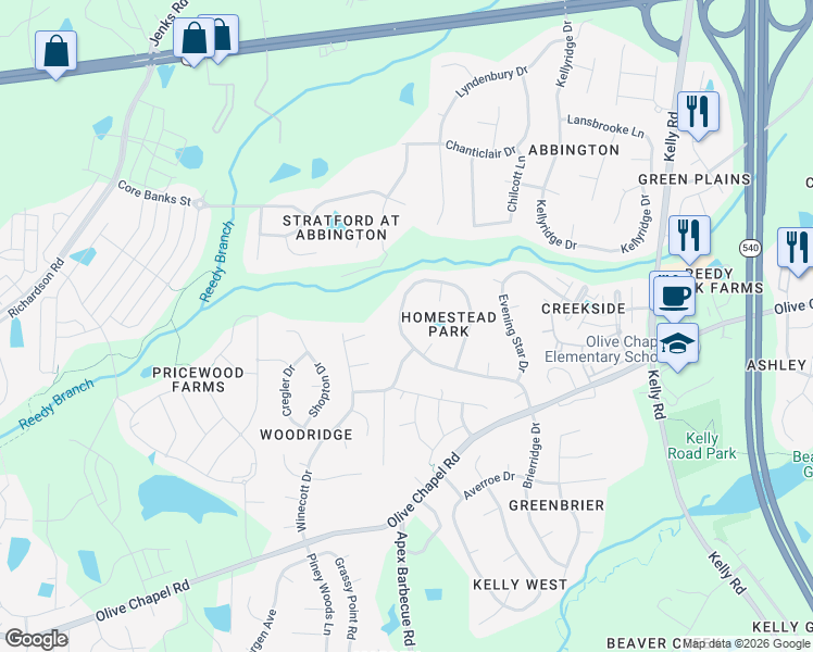 map of restaurants, bars, coffee shops, grocery stores, and more near 709 Homestead Park Dr in Apex