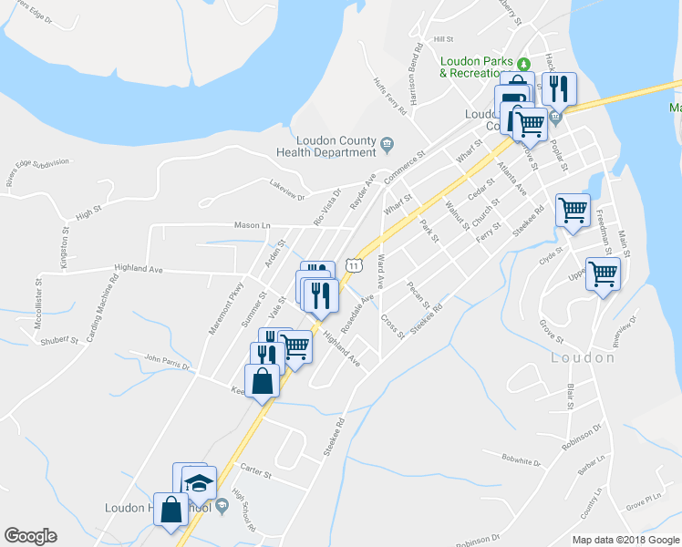 map of restaurants, bars, coffee shops, grocery stores, and more near 824 Mulberry Street in Loudon