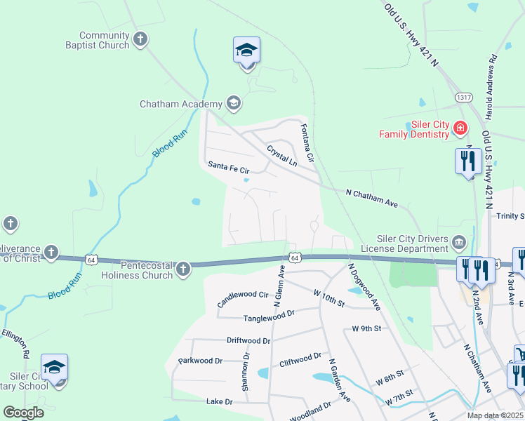 map of restaurants, bars, coffee shops, grocery stores, and more near 1515 Duet Drive in Siler City