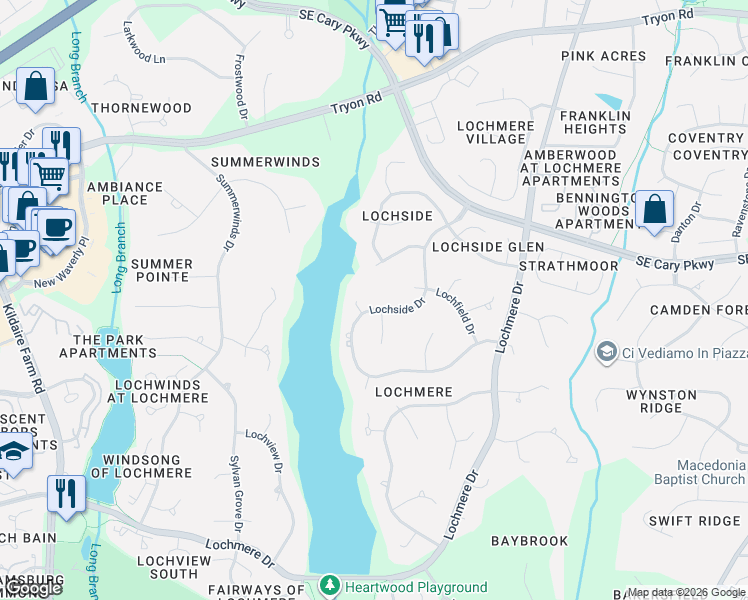 map of restaurants, bars, coffee shops, grocery stores, and more near 337 Lochside Drive in Cary