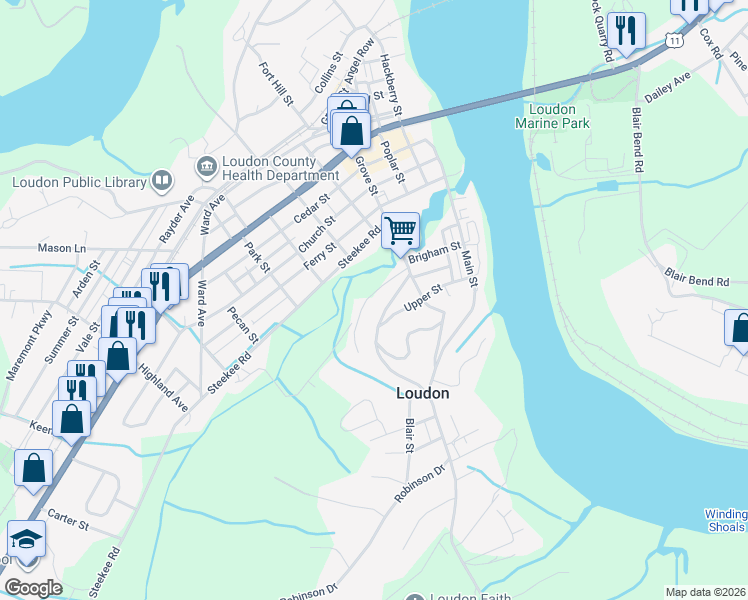 map of restaurants, bars, coffee shops, grocery stores, and more near 123 Clyde Street in Loudon