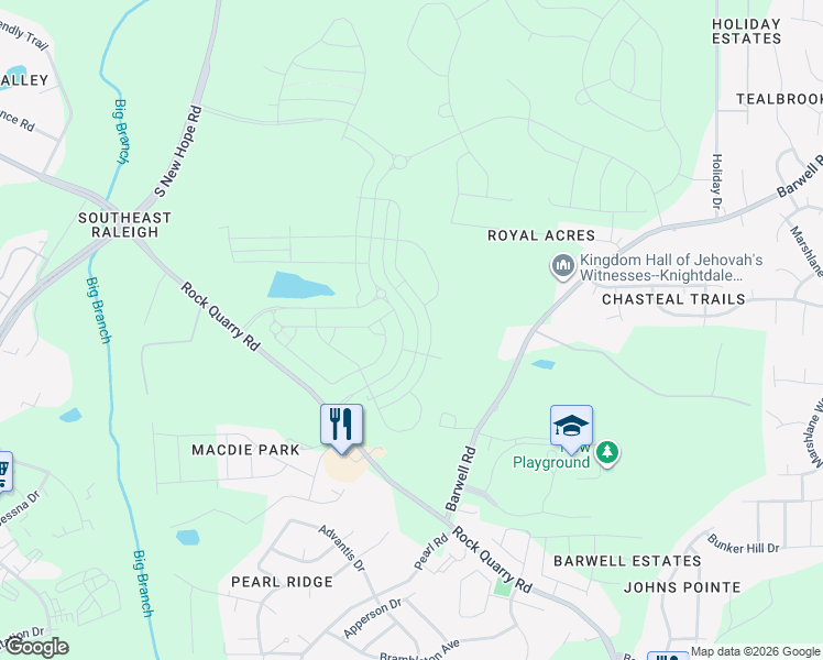 map of restaurants, bars, coffee shops, grocery stores, and more near 5325 Rock Quarry Road in Raleigh