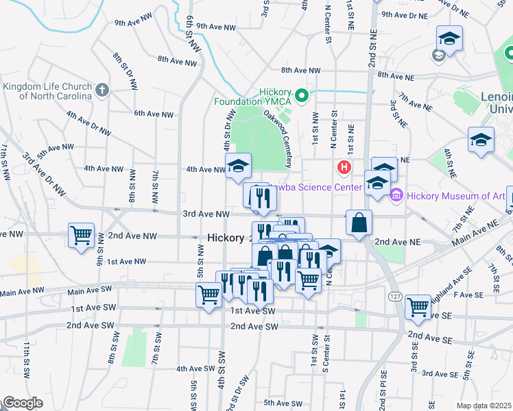 map of restaurants, bars, coffee shops, grocery stores, and more near 270 3rd Avenue Northeast in Hickory