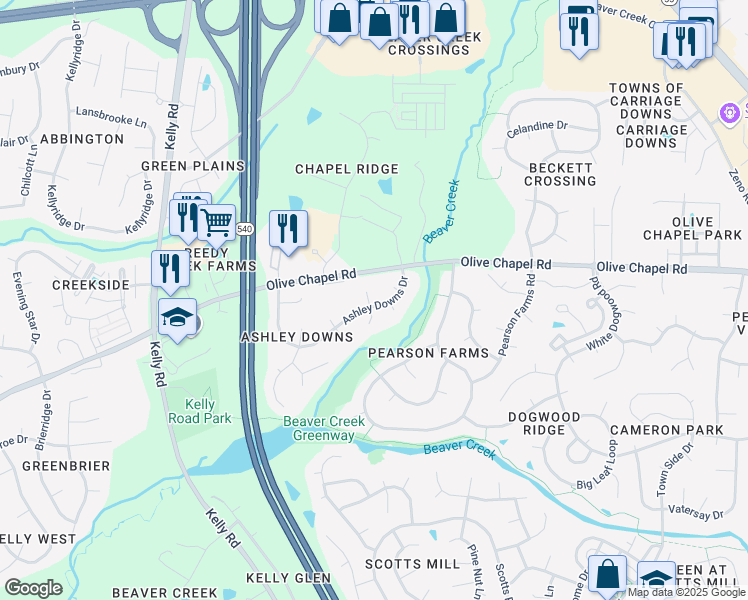 map of restaurants, bars, coffee shops, grocery stores, and more near 1404 Ashley Downs Drive in Apex
