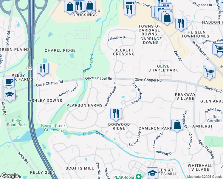 map of restaurants, bars, coffee shops, grocery stores, and more near 1009 Pearson Farms Road in Apex